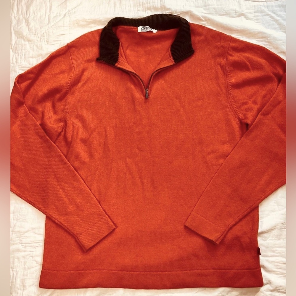 Mens Mountain‎ Khakis 100% Merino Wool 1/4 Zip Knit Sweater Orange Large